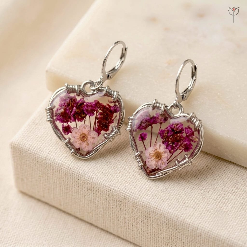 Close-up of Valentina Bloom Earrings showing pink dried plum flower and magenta baby's breath preserved in clear heart-shaped resin with silver wire wrapping