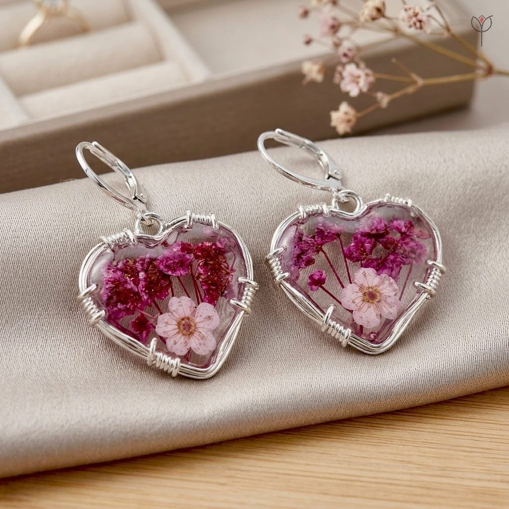 Valentina Bloom Earrings featuring preserved plum flower and baby's breath in a heart-shaped resin pendant with silver wire-wrapped setting by MystikFalls