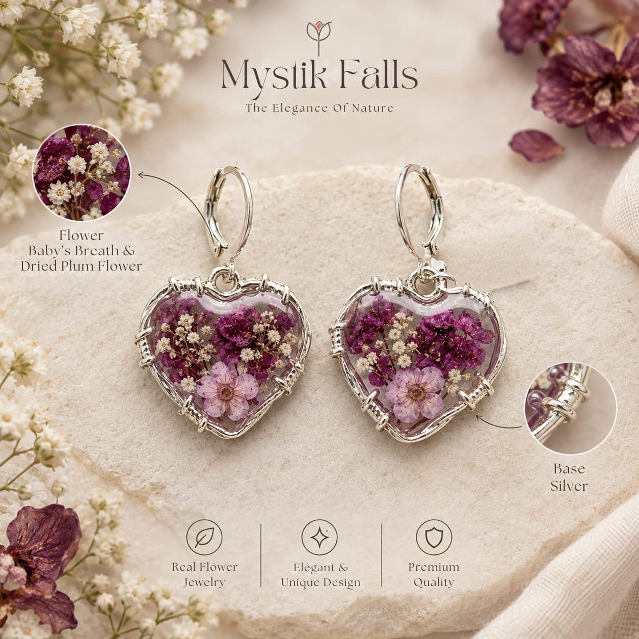 Pair of Valentina Bloom Earrings in heart-shaped resin with preserved plum flower and baby's breath set in silver wire-wrapped frames by MystikFalls