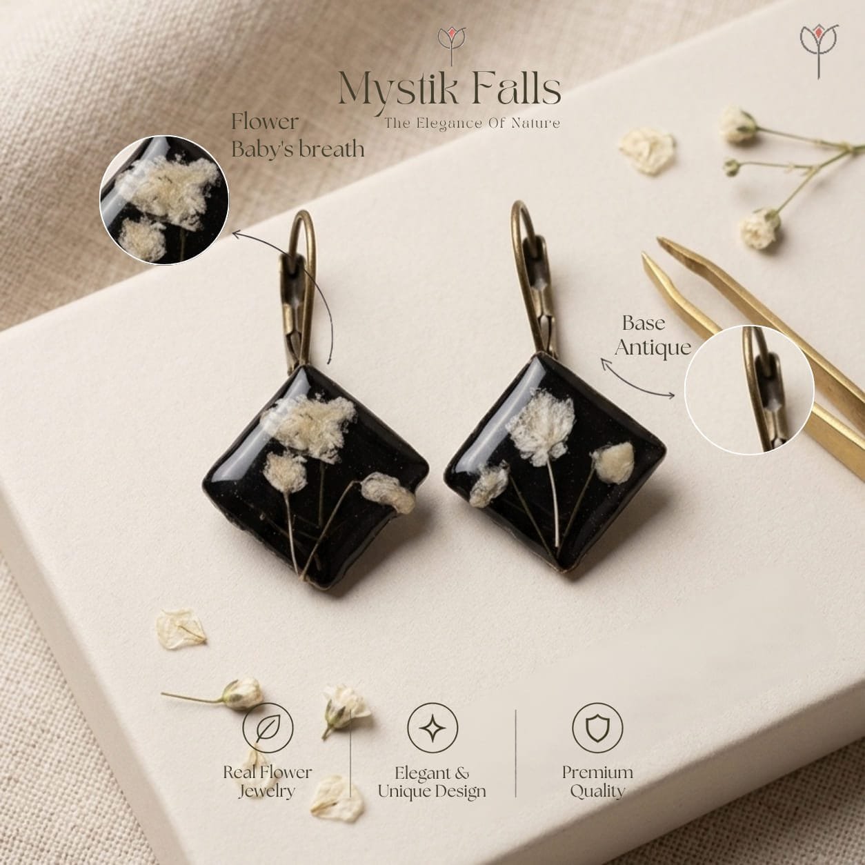 vesper-resin-earrings-white-baby-breath-black-resin-detail Close-up of Vesper Resin Earrings showing dried white baby's breath stems preserved in deep black resin within a diamond-shaped antique frame