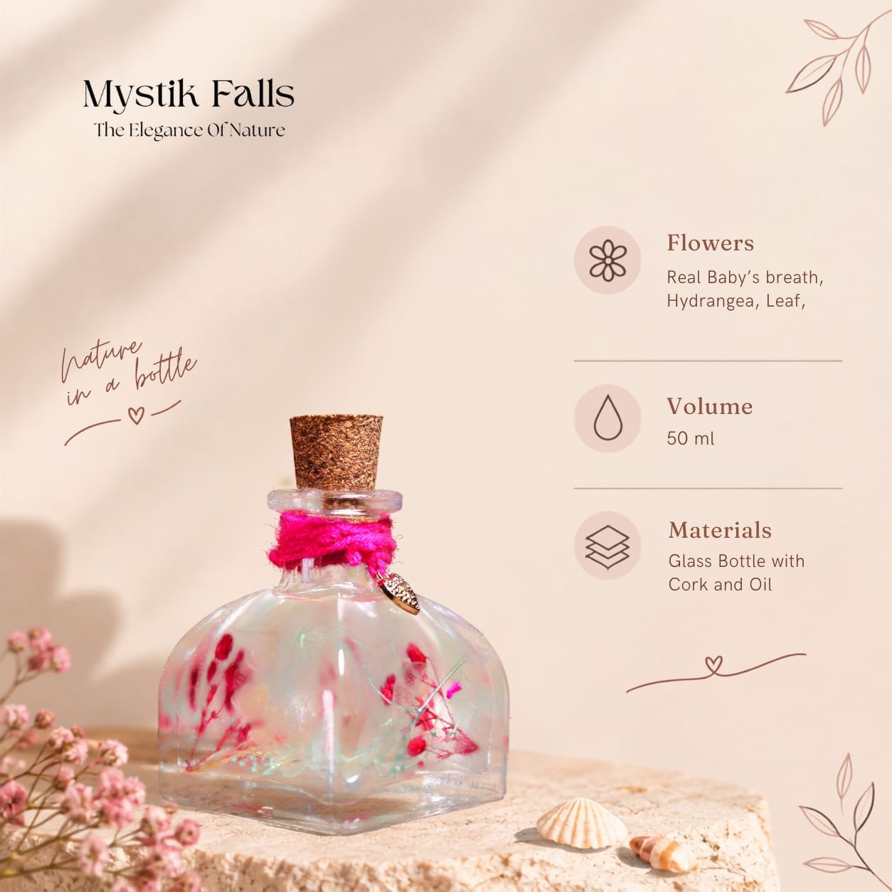 Whispers Of Baby's Breath Preserved Glass Garden handcrafted glass bottle with soft blue and pink preserved flowers