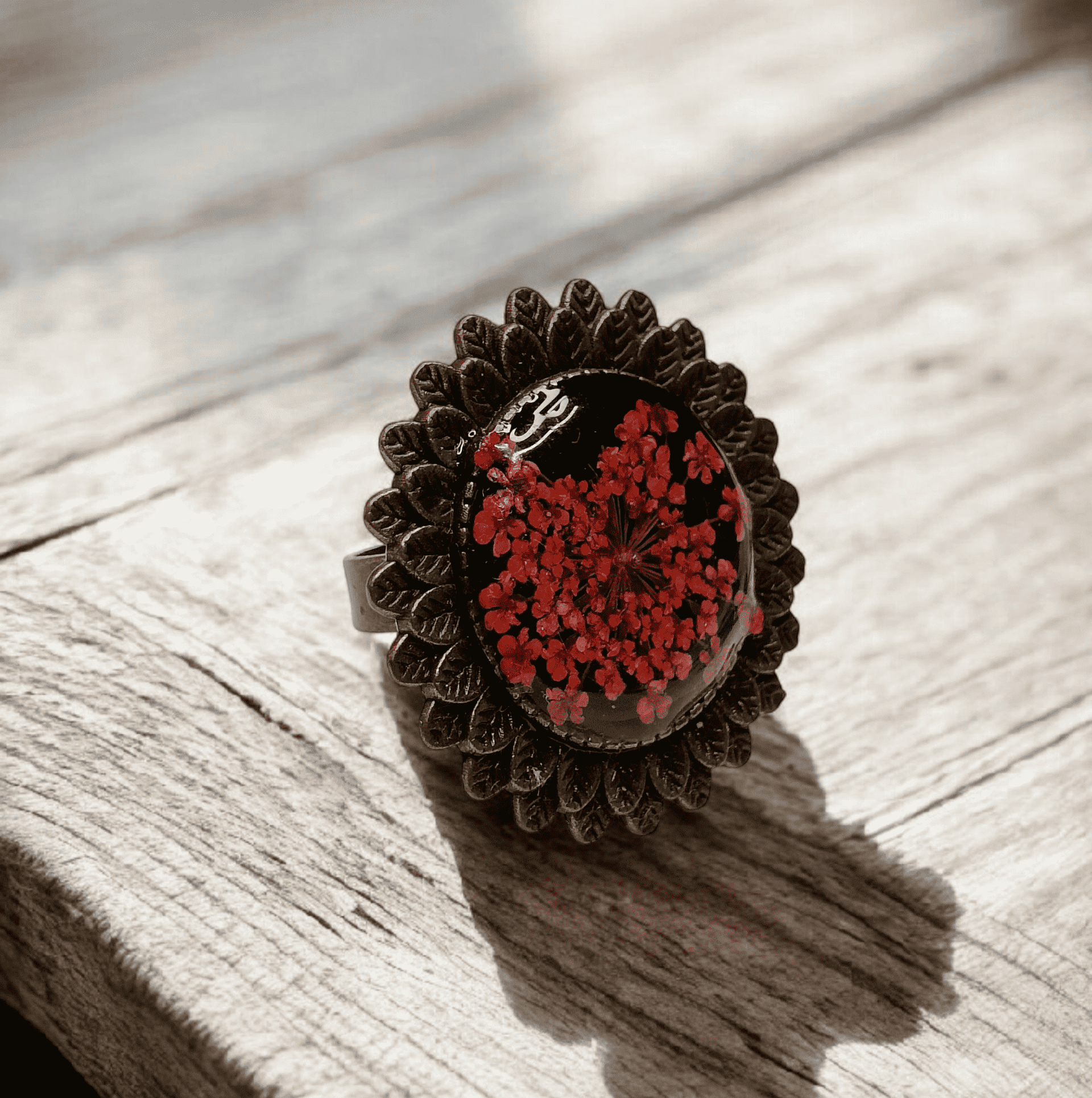 Crimson Lace Ring with preserved red Queen Anne’s lace flower