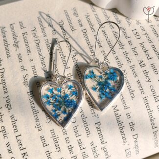 Silver heart Lace of Love Earrings with blue blooms