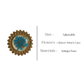 Close-up of Antique Blue Lace ring with real dried flower