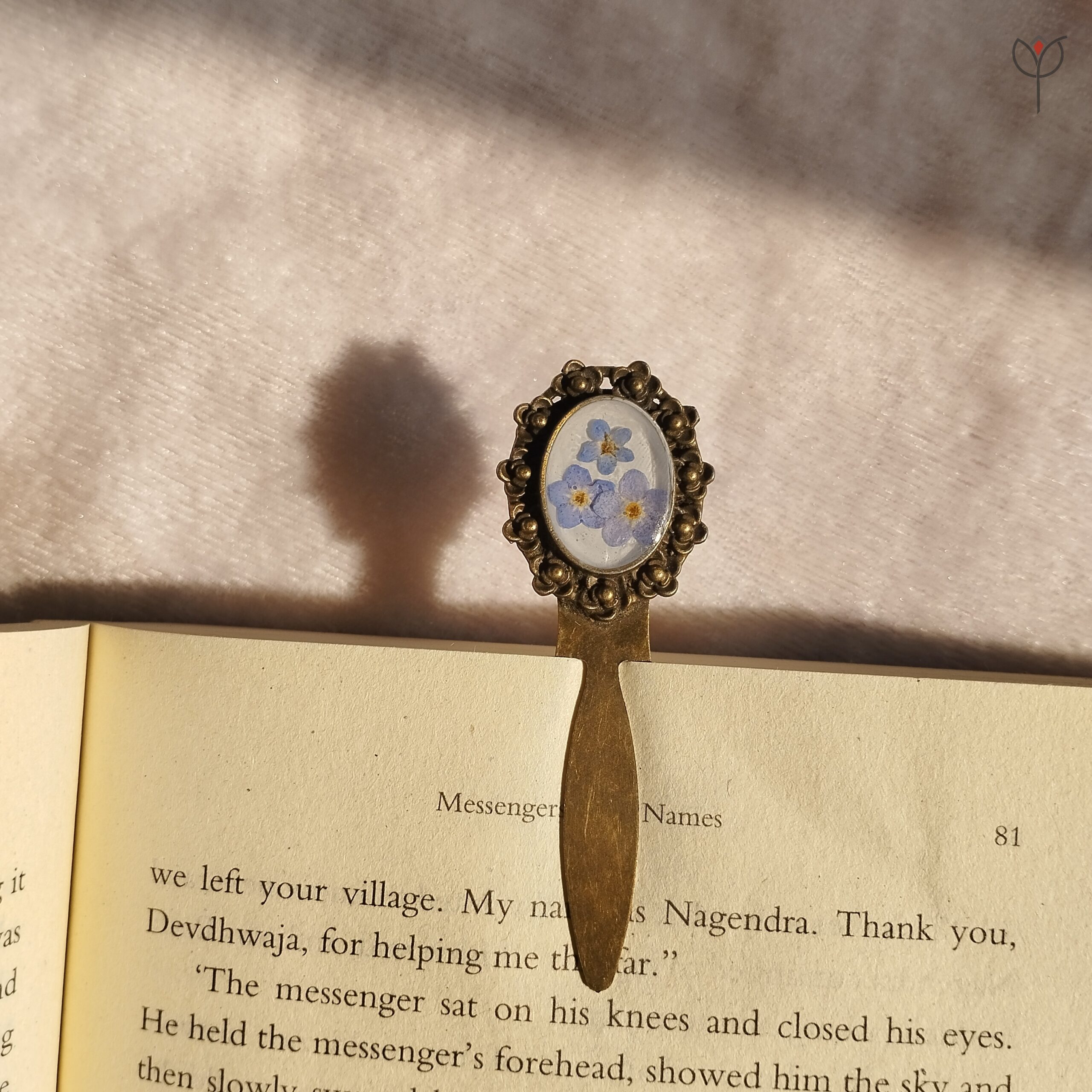 second-thought-bookmark-forget-me-not Second Thought bookmark with forget-me-not flowers